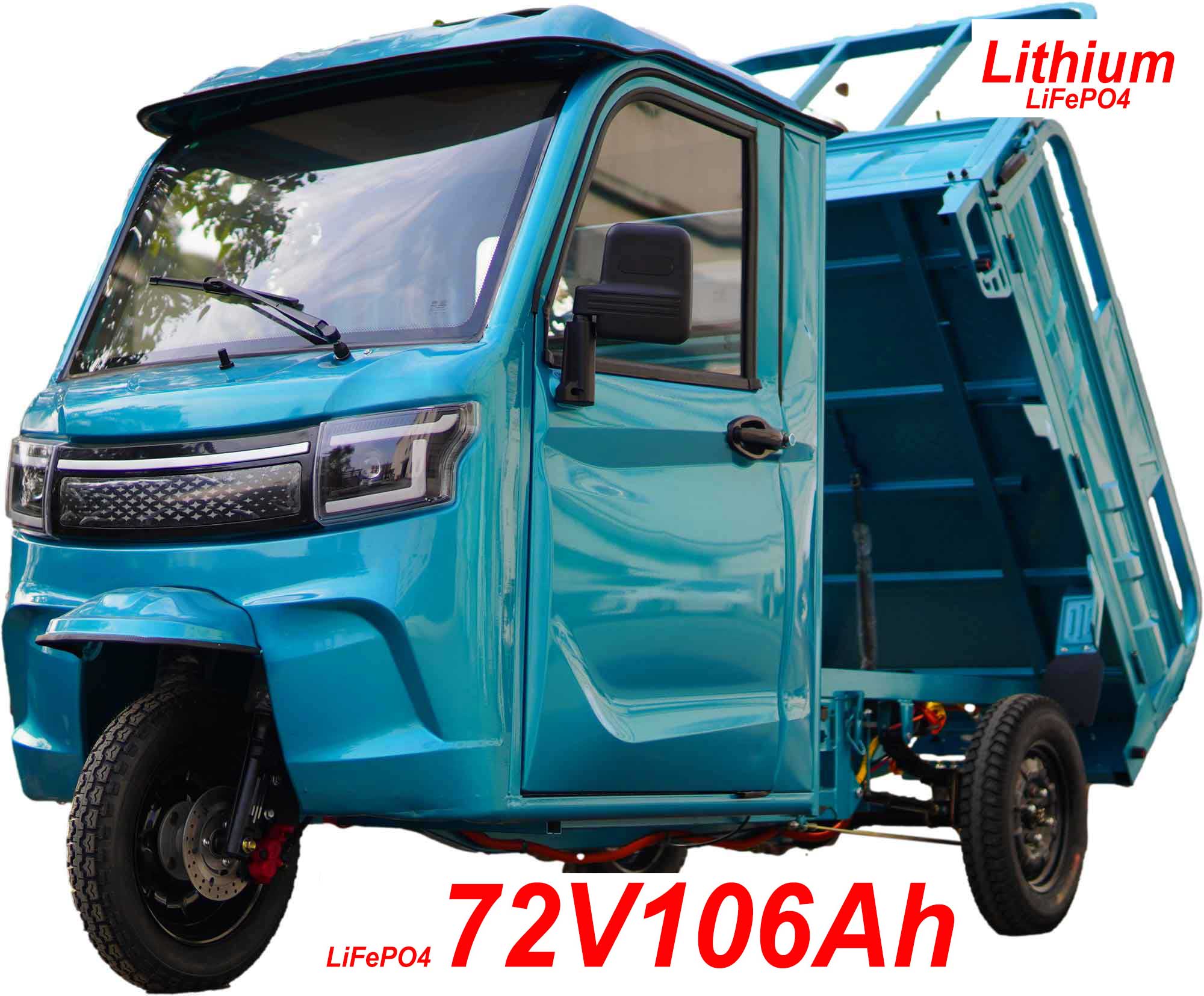 RocknBikes Cargo KH1 Elektro-Dreirad mit Kippmulde und Kabine Seite Links vorne 45km/h mit LiFeP04 106Ah Akku Türkis