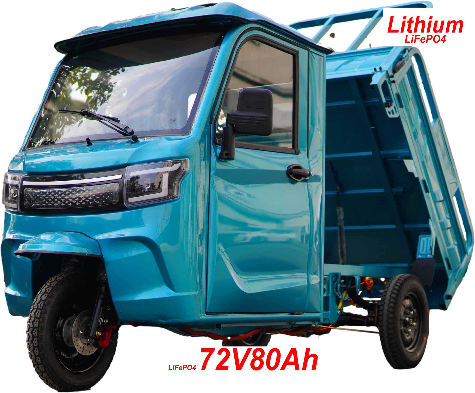 RocknBikes Cargo KH1 Elektro-Dreirad mit Kippmulde und Kabine Seite Links vorne 45km/h mit LiFeP04 80Ah Akku Türkis