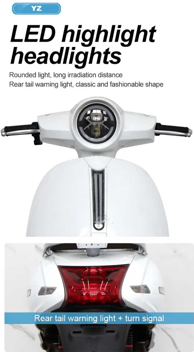 RocknBikes KAINING KN-YZ 8000W E-Roller – Beschreibung LED Lampen vorne und Rücklicht  in elegantem Weiss, mit Sitzbank und digitalem Display