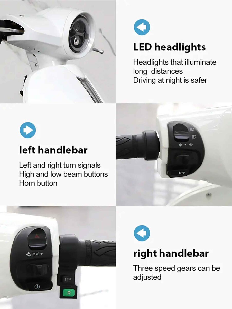 RocknBikes KAINING KN-YZ 8000W E-Roller – Beschreibung Griff Links, Griff Rechts und LED Lampen  in elegantem Weiss, mit Sitzbank und digitalem Display